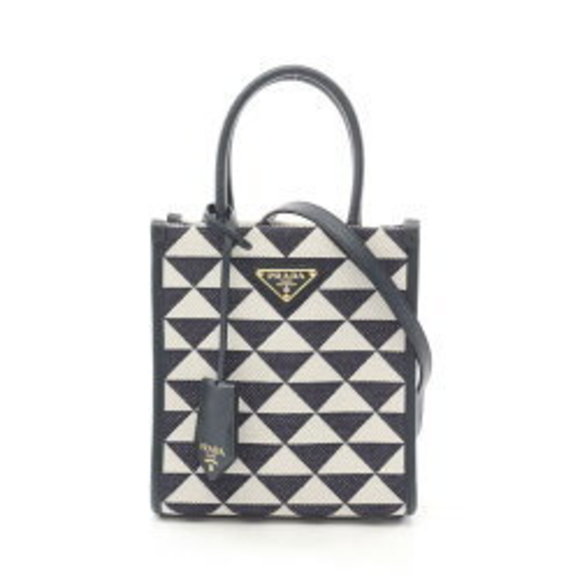 Prada TRIANGOLO JACQUARD Embroidery Handbag Bag Saffiano Navy Blue - Picture 1 of 7